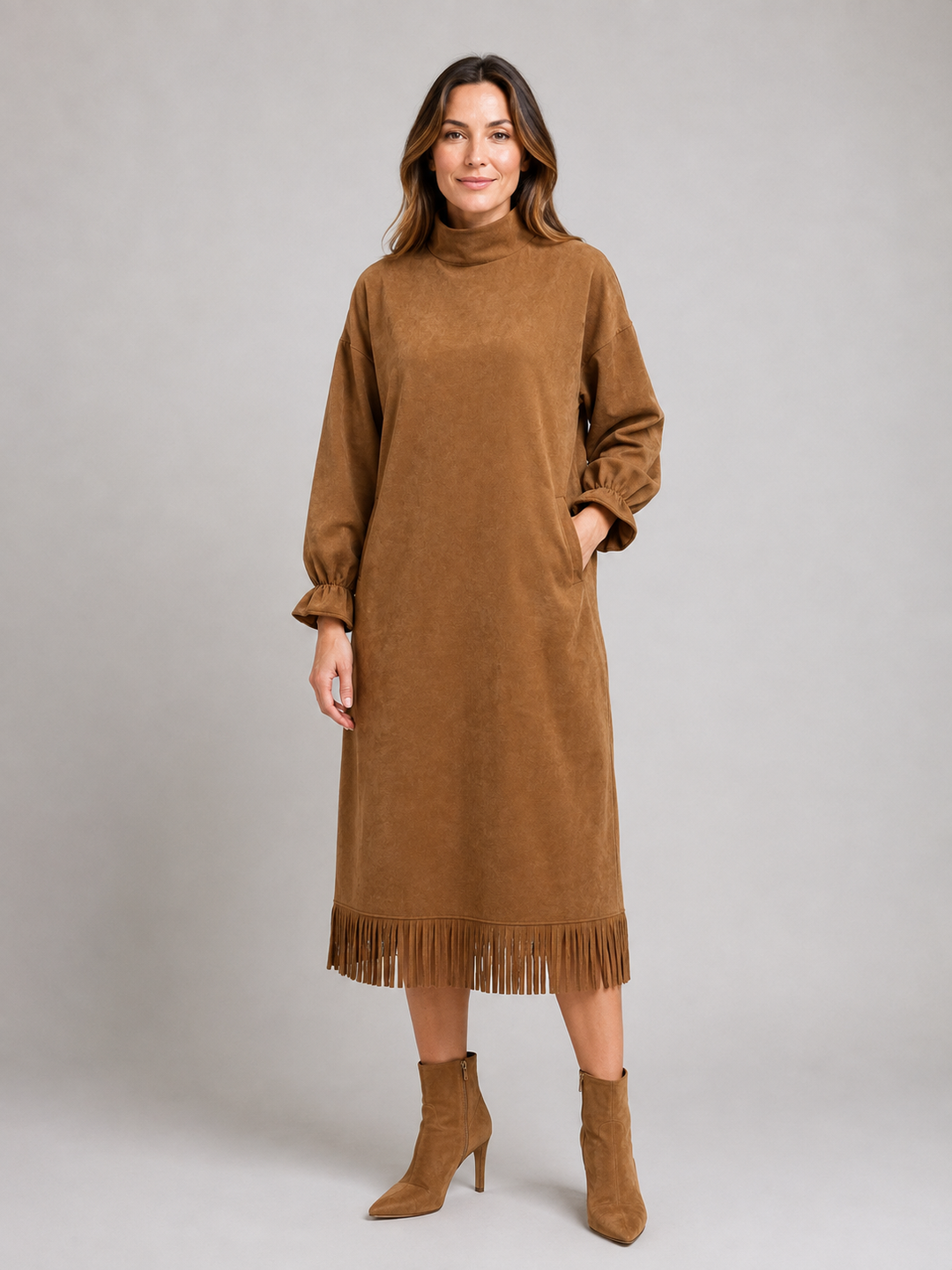 Suede-Look Fringe Hem Midi Dress for Women – High Neck, Balloon Sleeves, Pockets