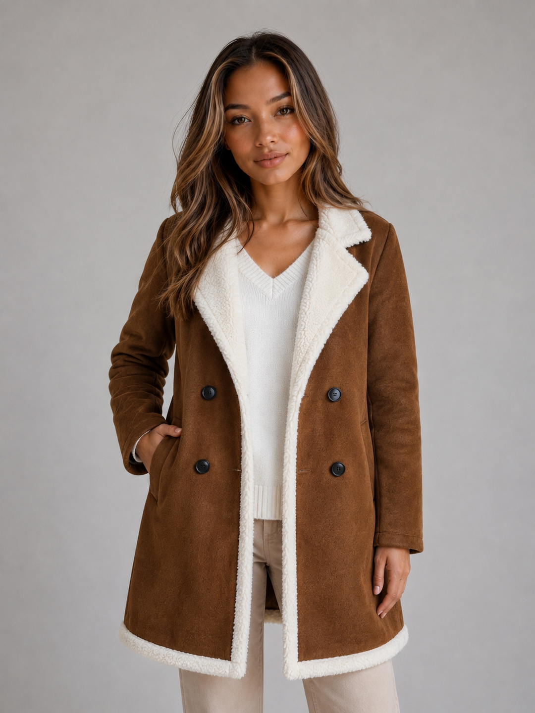 Longline Suede-Look Coat for Women – Shearling-Style Teddy Trim, Wide Lapel