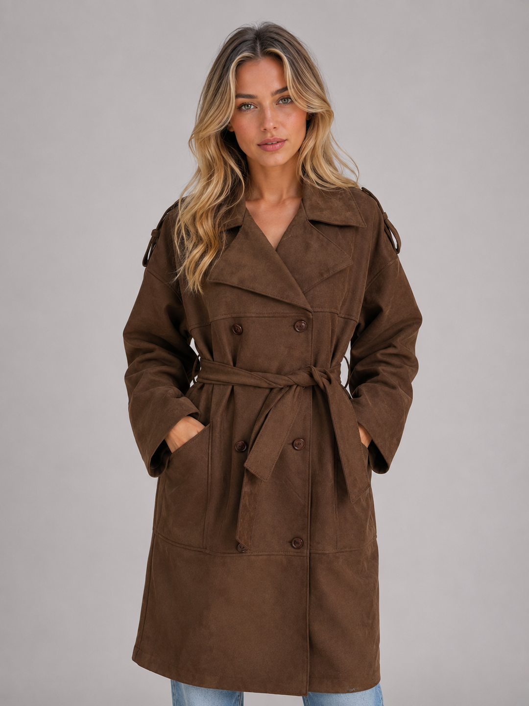 Faux Suede Double-Breasted Trench Coat for Women – Wide Lapels, Self-Tie Belt in Brown