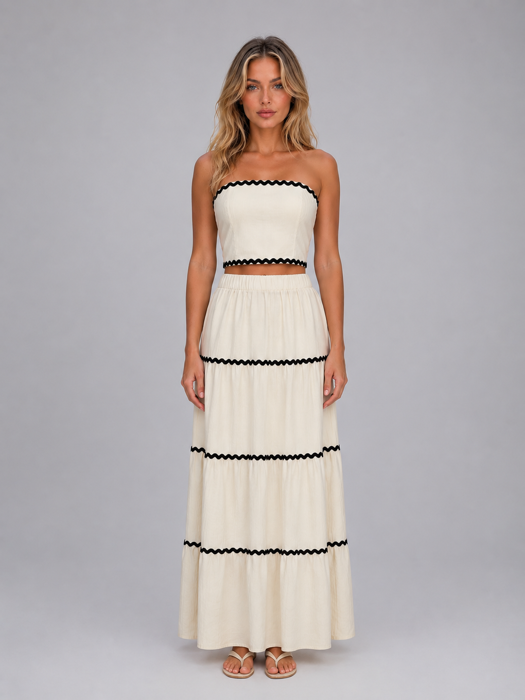 Cropped Cami and Tiered Maxi Skirt Set for Women – Ric-Rac Trim, Square Neckline in Cream