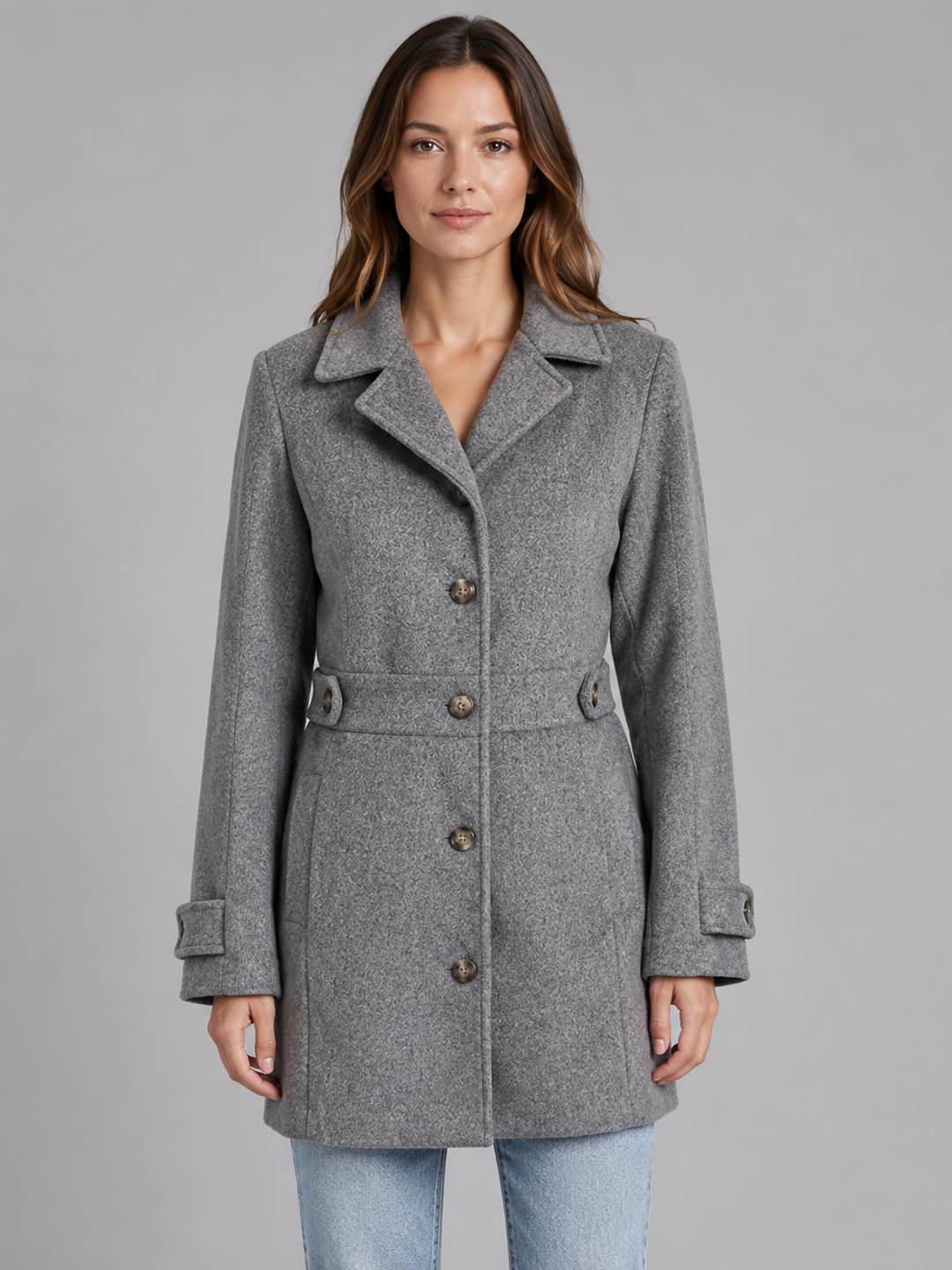 Longline Collared Button Coat for Women – Waist Tabs, Adjustable Button Cuffs