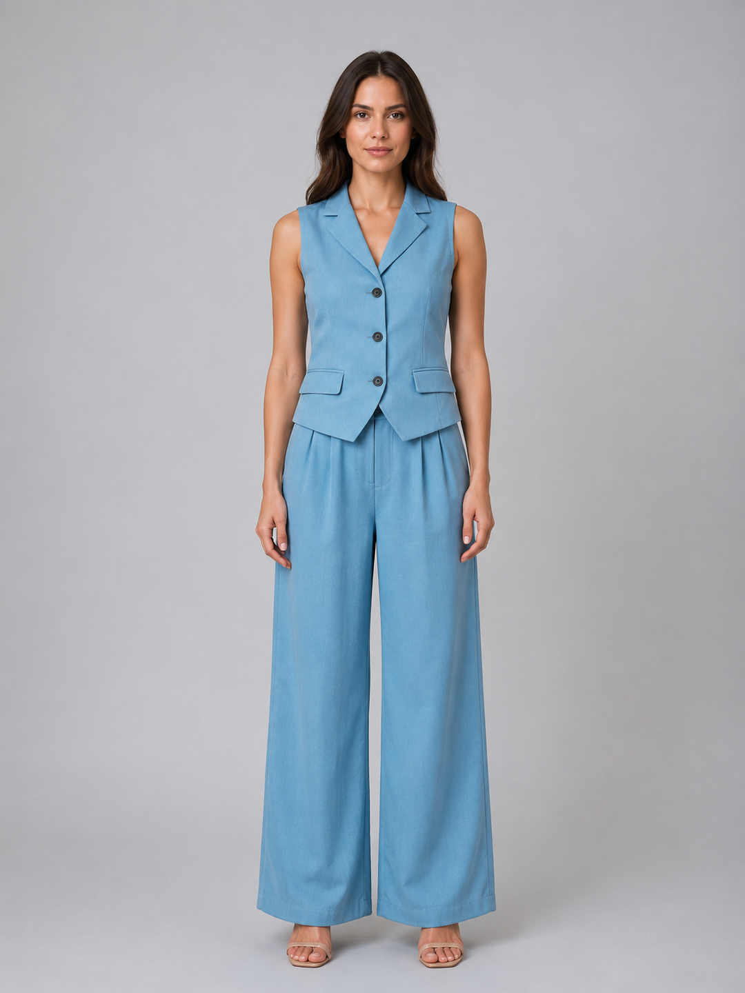 Tailored Vest and Wide-Leg Pants Set for Women – Lapel Collar, High Waist, Two-Piece