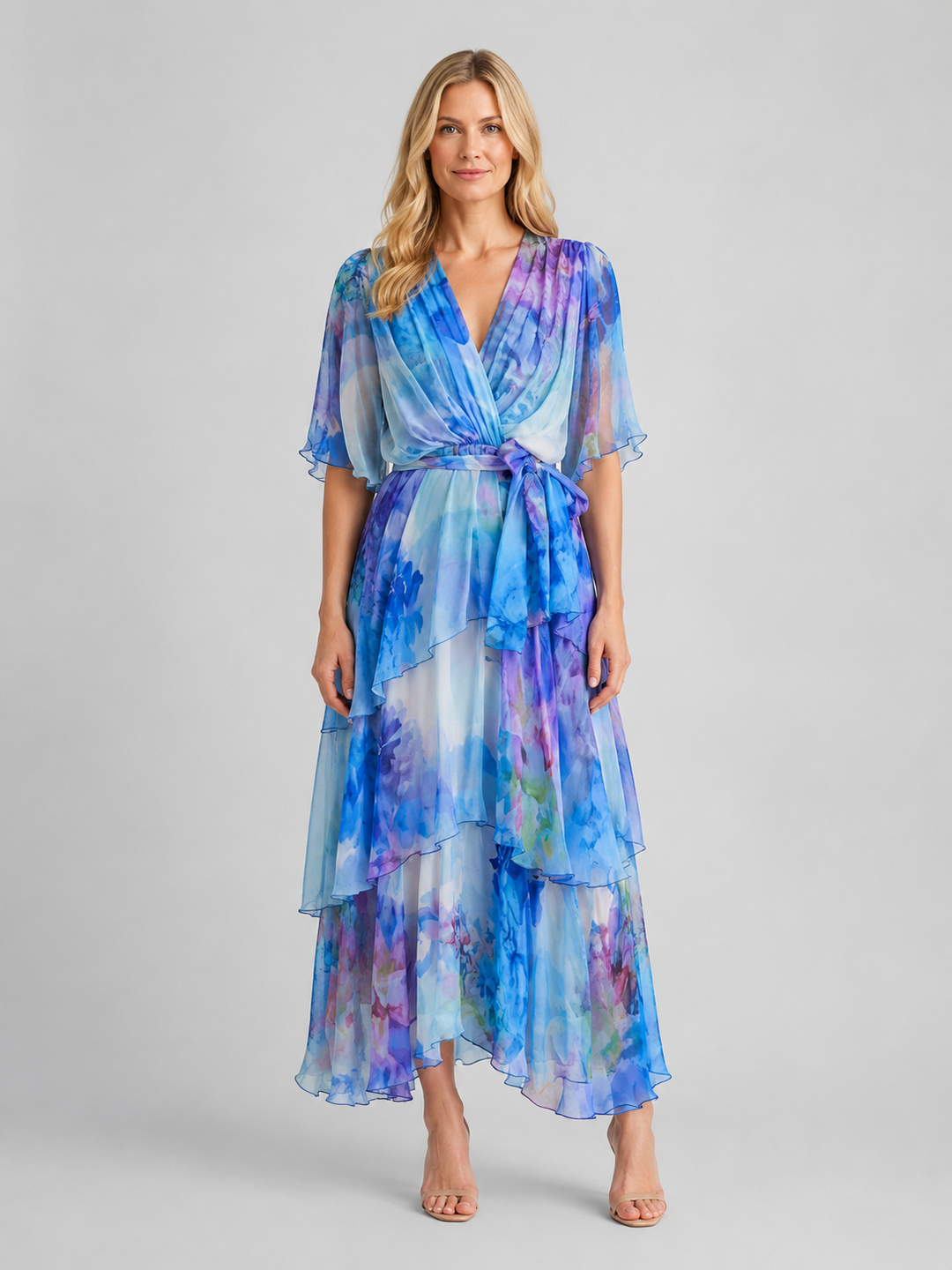 Tiered Chiffon Maxi Dress for Women – Wrap V-Neckline, Self-Tie Waist, Flutter Sleeves