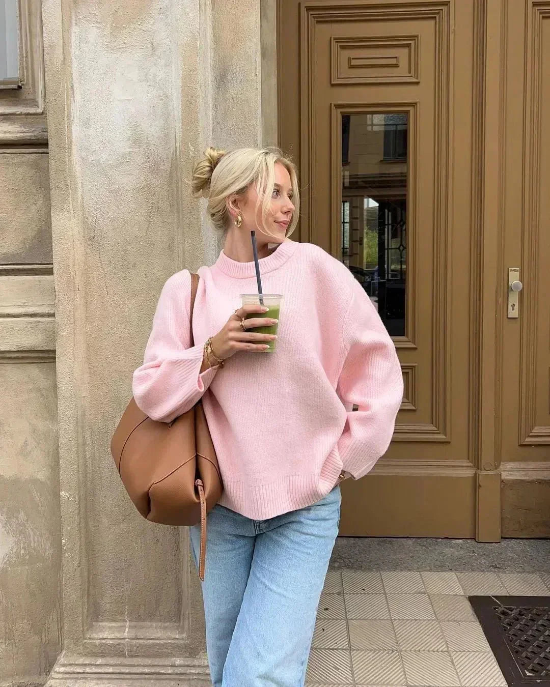Soft Knit Sweater for Women – Ribbed Cuffs and Hem, Timeless Shape in Pink