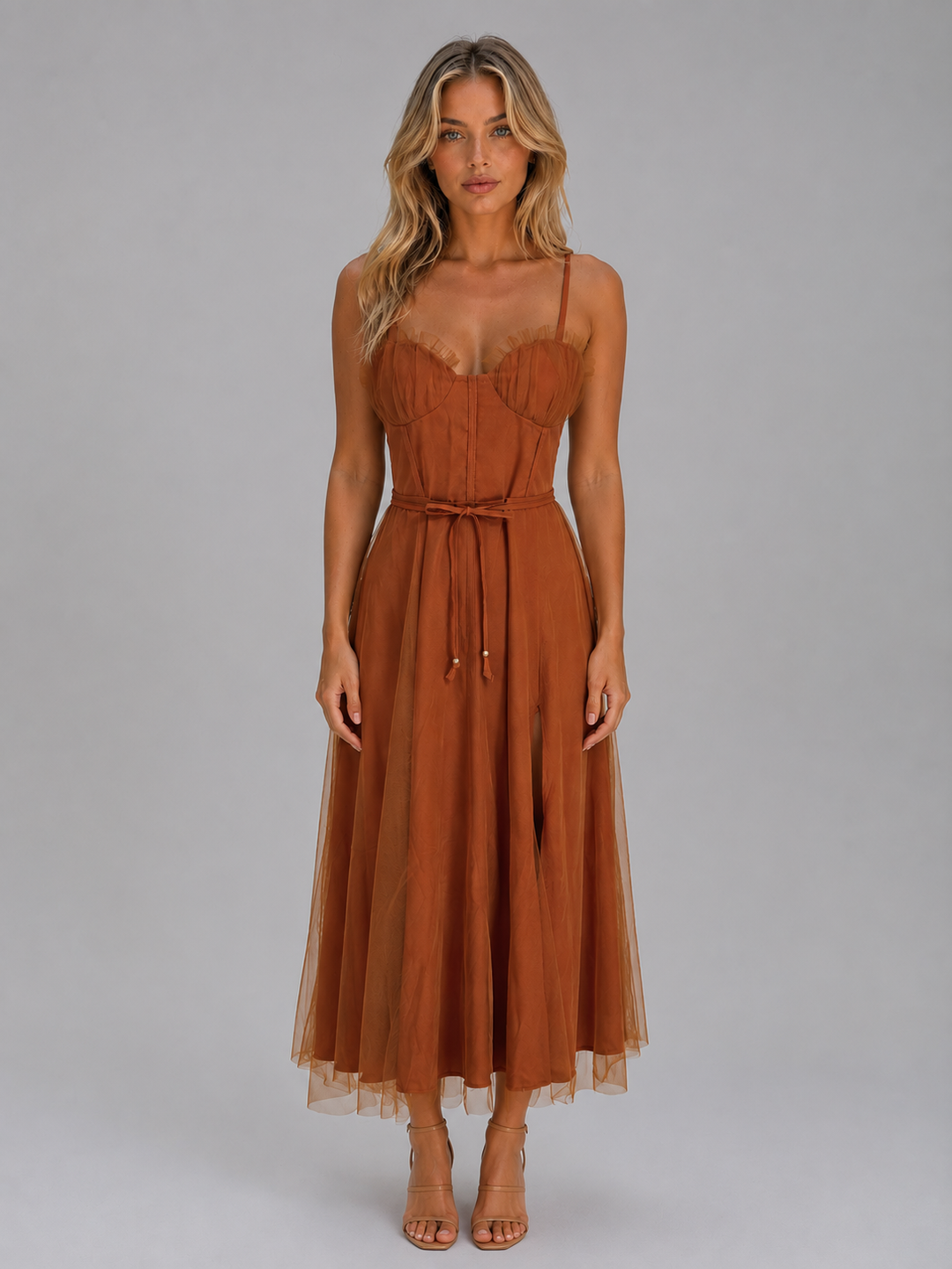 Corset-Style Tulle Overlay Midi Dress for Women – Ruffle Neckline, Tie Waist, A-Line Skirt