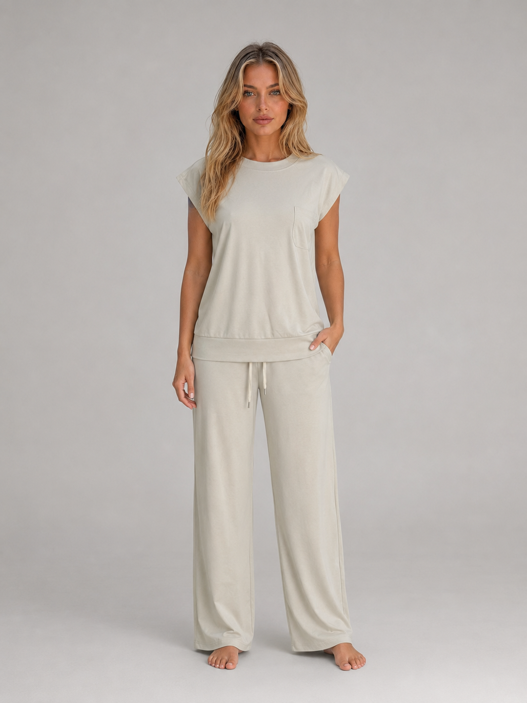 Cap Sleeve Tee and Wide-Leg Pants Lounge Set for Women – Chest Pocket, Drawstring Waist