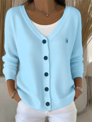 Women's Button-Front Oversized V-Neck Cardigan in Blue