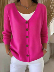 Women's Button-Front Oversized V-Neck Cardigan in Rose Red
