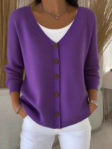 Women's Button-Front Oversized V-Neck Cardigan in Purple, on model