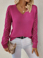 Women's V-Neck Open-Weave Panelled Sweater in Purple