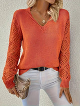 Women's V-Neck Open-Weave Panelled Sweater in Orange, on model