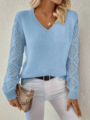 Women's V-Neck Open-Weave Panelled Sweater in Khaki