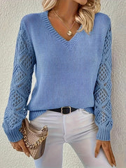 Women's V-Neck Open-Weave Panelled Sweater in Light Blue