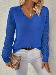 Women's V-Neck Open-Weave Panelled Sweater in Pink