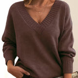 Women's V-Neck Ribbed Sweater in Auburn, on model