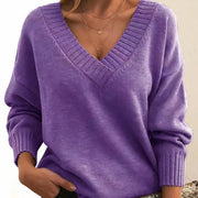 Women's V-Neck Ribbed Sweater in Purple