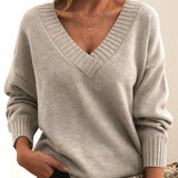 Women's V-Neck Ribbed Sweater in Beige, on model
