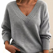 Women's V-Neck Ribbed Sweater in Gray