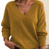 Women's V-Neck Ribbed Sweater in Gold, on model