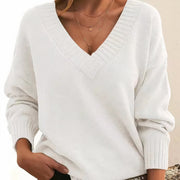 Women's V-Neck Ribbed Sweater in White