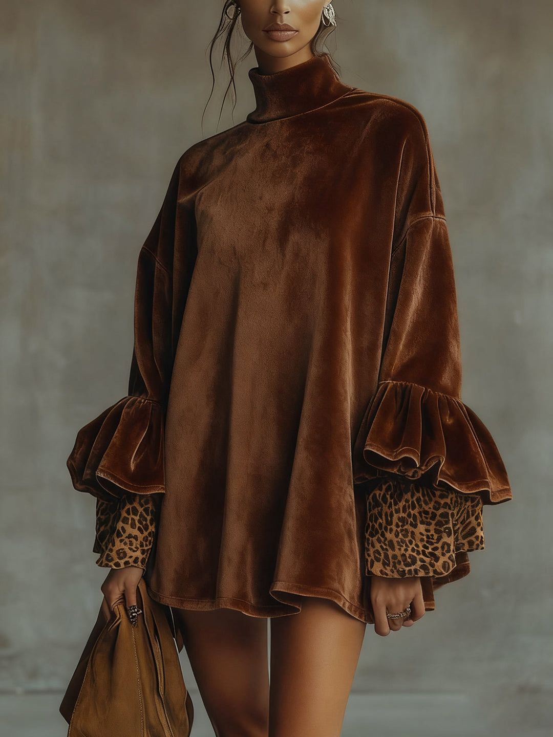 Velvet Dress for Women – Ruffle Detailing, High Neckline in Brown