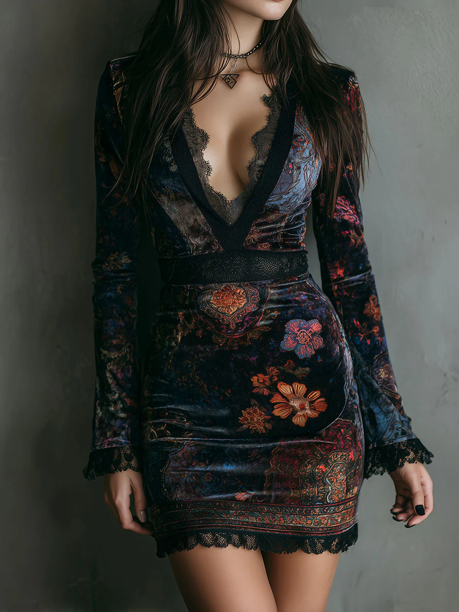 Velvet Mini Dress for Women – Lace Detailing, Warm Lining, All-Over Print