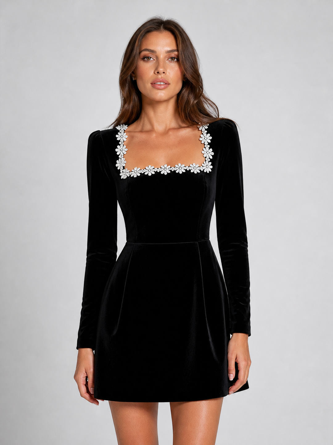 Velvet Square Neck Mini Dress for Women – Crystal Neckline Detail, Evening Style
