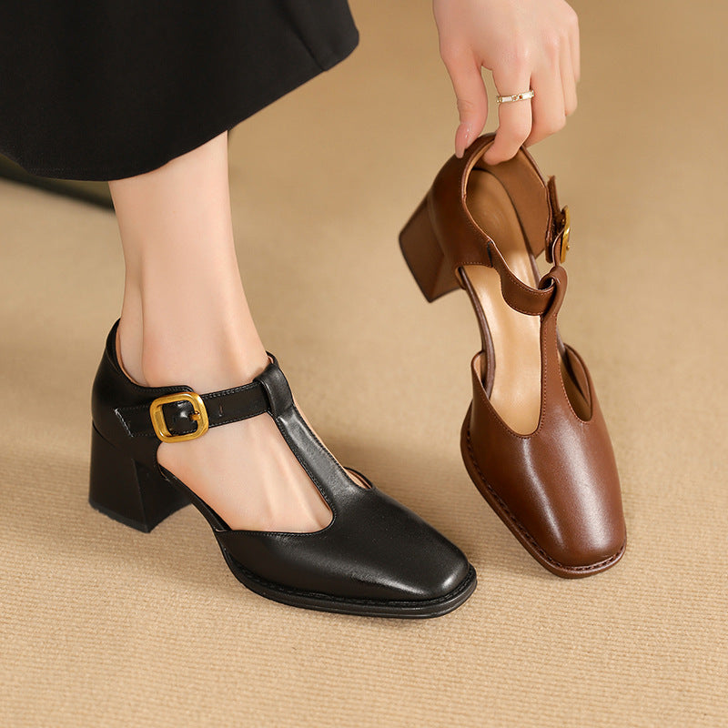 Warm-Lined Buckle Pumps for Women – Faux Leather, Square Toe, Stable Heel