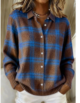 Roll Neck Knit Cardigan for Women – Warm Lining, Side Pockets in Brown & Blue