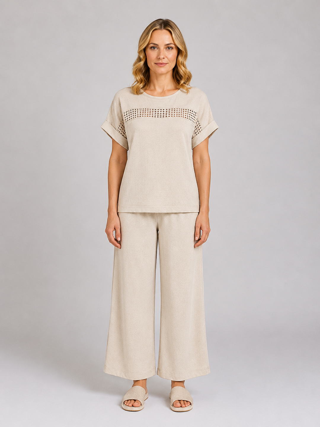 Crochet Panel Top and Wide-Leg Pants Set for Women – Turn-Up Sleeves, Elastic Waist