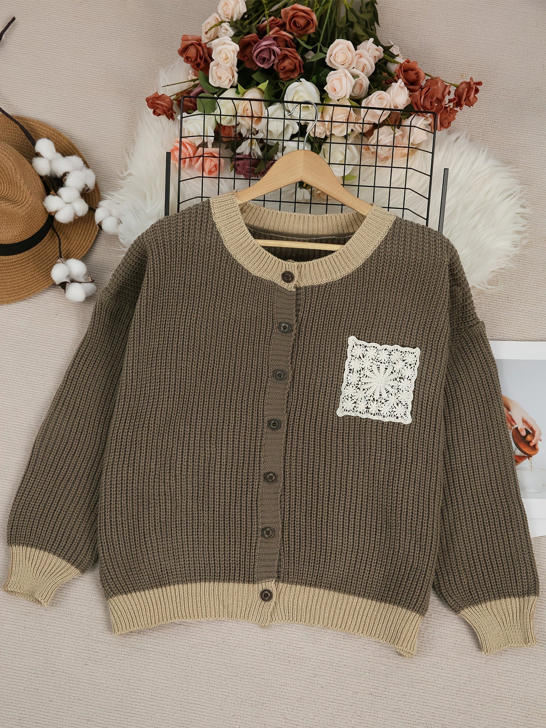 Lace Cardigan for Women – Belted Waist, Side Pockets, Ribbed Texture in Dark Brown