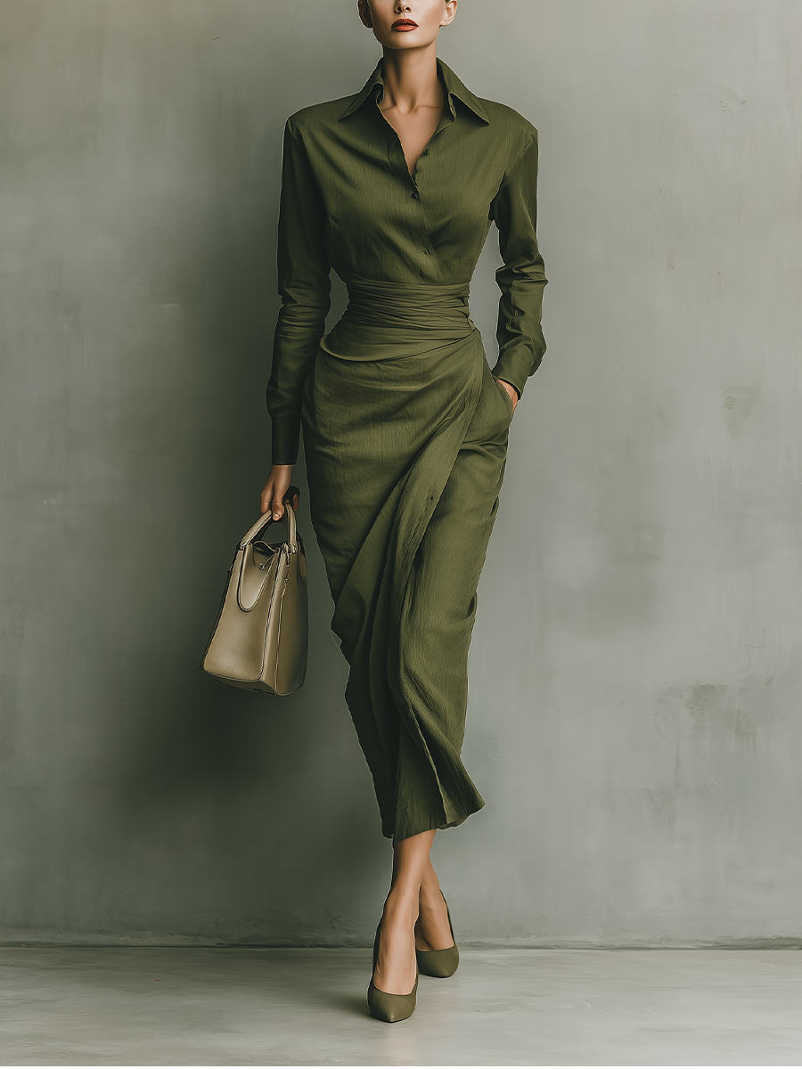 Pleated Wrap Dress for Women – Belted Waist, Fitted Through the Waist in Green