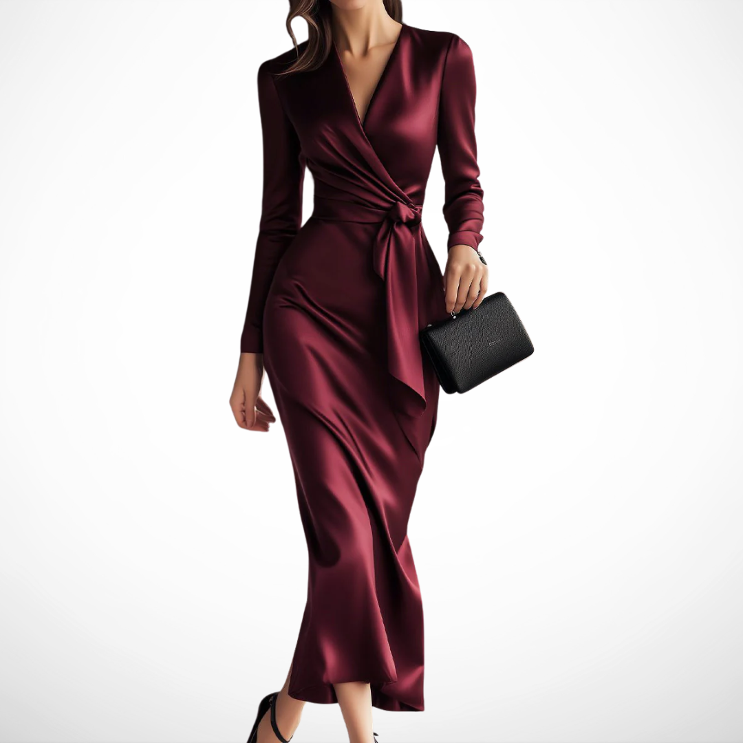 Satin-Look Wrap Dress for Women – Smooth Finish, Skimming Silhouette in Burgundy