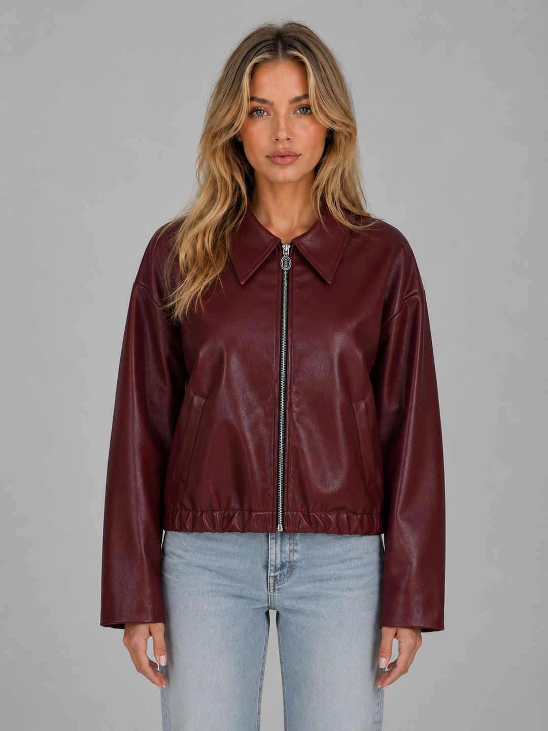 Cropped Faux Leather Zip Jacket for Women – Oversized Pointed Collar, Side Pockets
