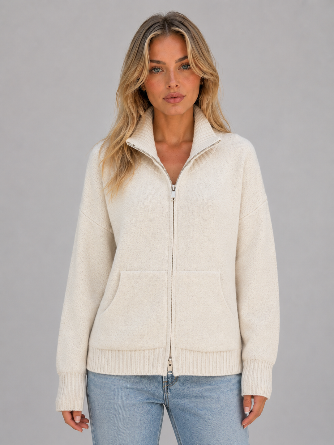 Zip-Up Funnel Neck Knit Cardigan for Women – Patch Pockets, Ribbed Cuffs, Relaxed Fit