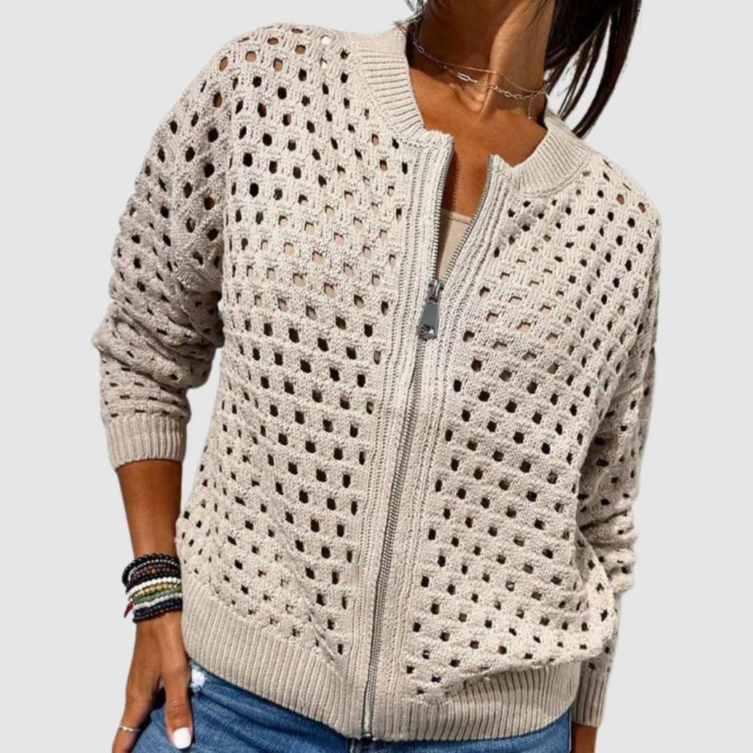Full-Zip Knit Jacket for Women – High Neckline, Ribbed Texture, Sheer Panels