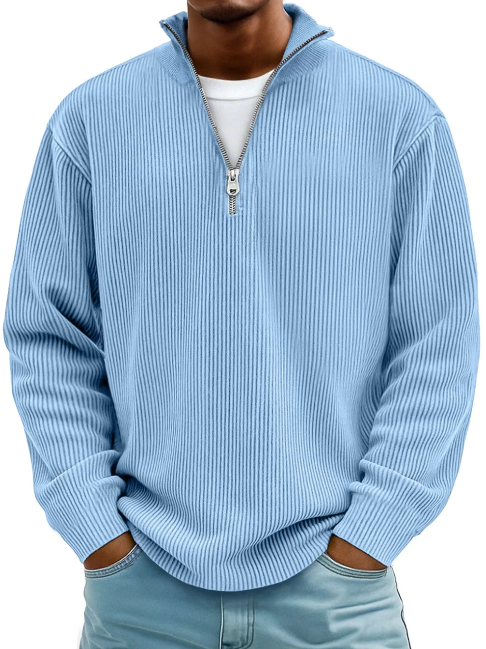 Zip-Up Ribbed Knit Sweater for Women – High Neckline, Warm Lining, Full Zip