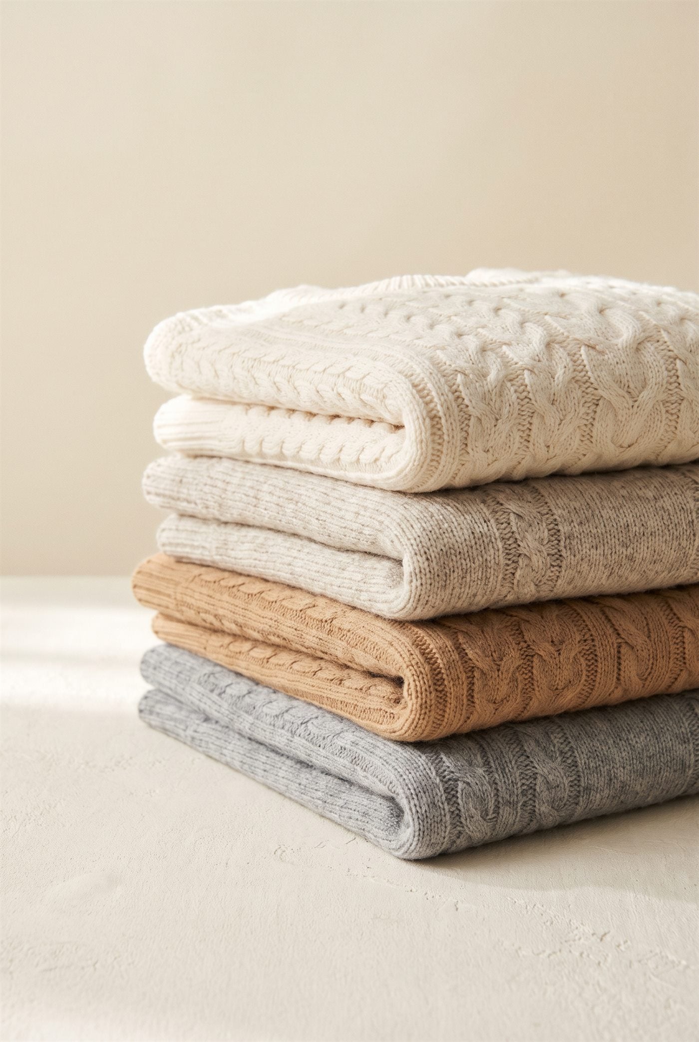 A stack of folded knitted sweaters in cream, oatmeal, camel and grey